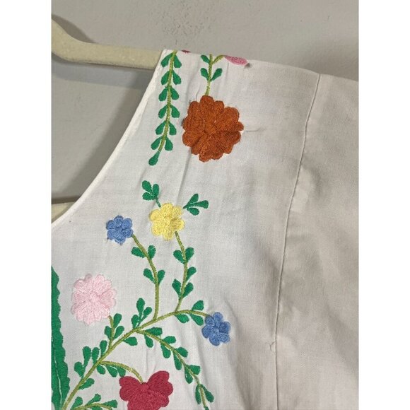 Handmade Floral Midi Dress S White Colofrul Tribal Mexican Embroidery Chic 80s - Picture 3 of 14